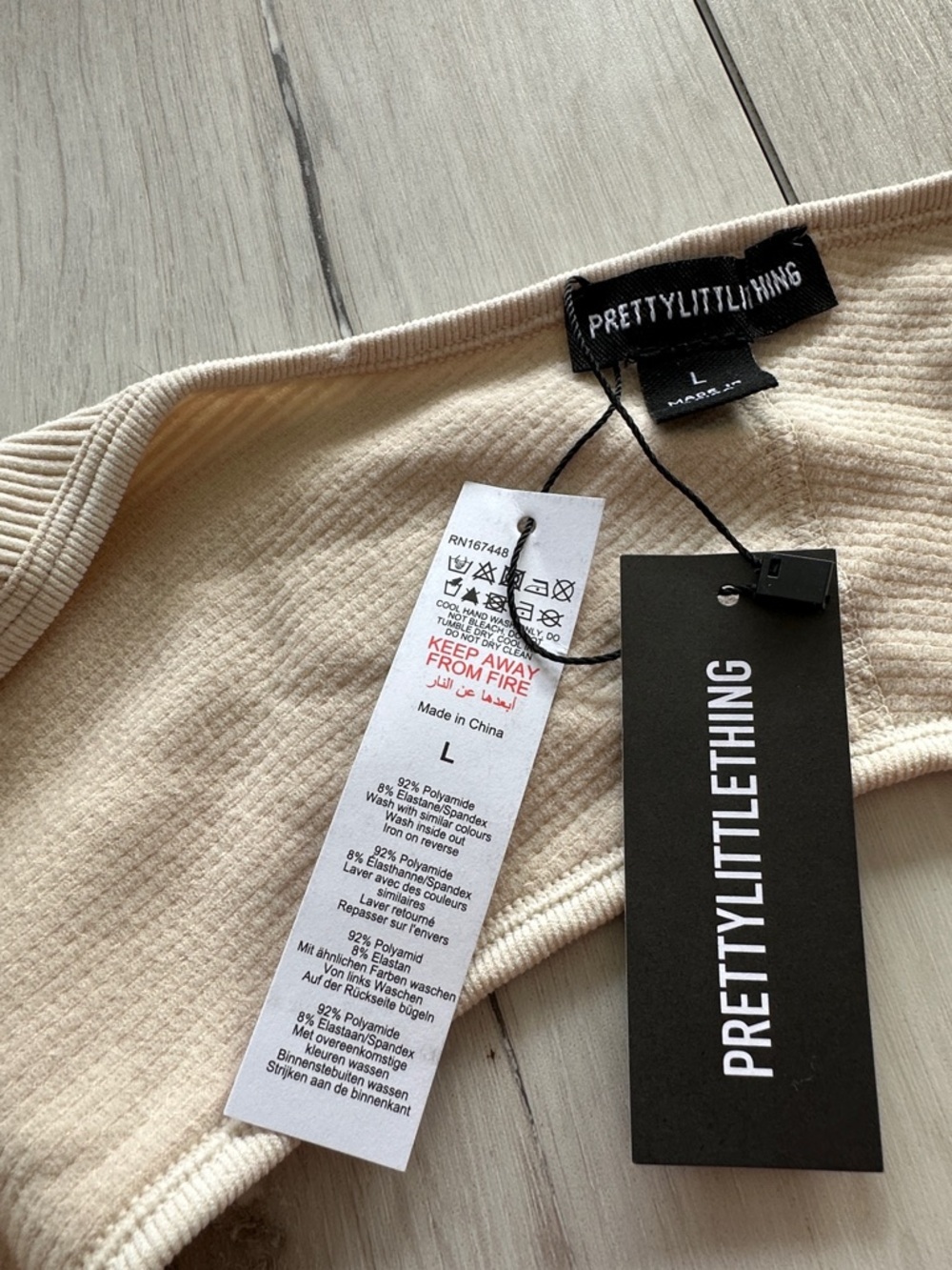 Pretty Little Thing Contour Rib Sleeve Detail Crop Top CREAM Large NWT IN PKG - Picture 6 of 11